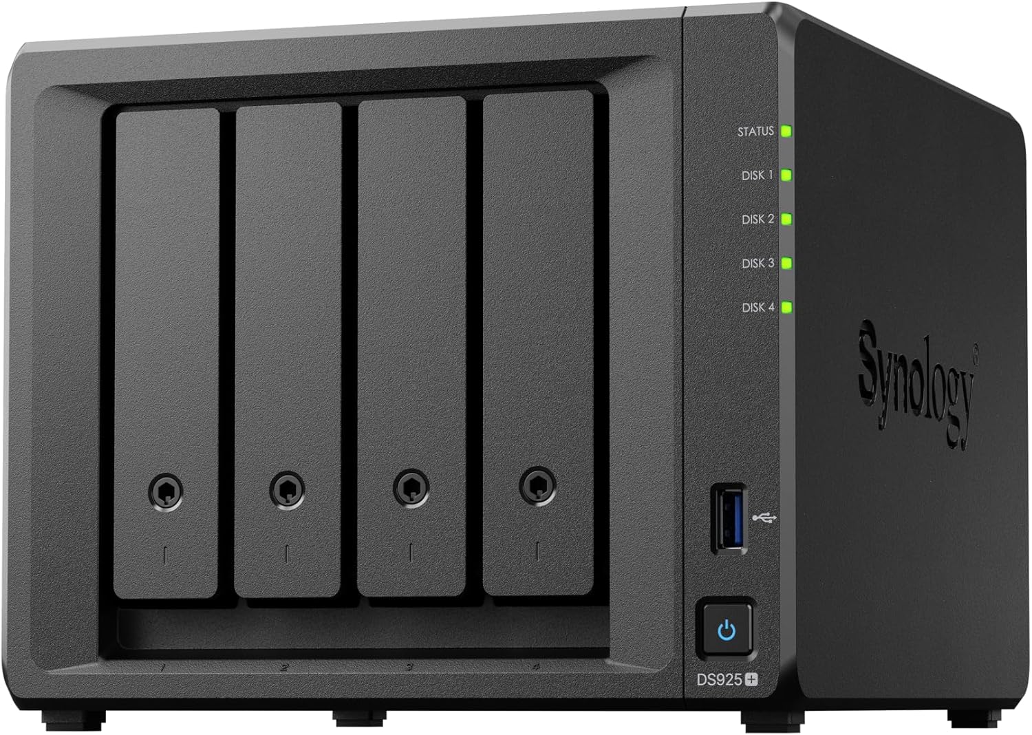 Synology DiskStation DS925+ Tower, 4-Bays 3.5'' SATA HDD/SSD, 2 x M.2 2280 NVMe SSD slot, CPU AMD Ryzen V1500B 4-core 2.2 GHz, 4 GB DDR4 ECC SODIMM, 2x RJ-45 2.5 GbE LAN Port; 2x USB 3.2; 1 xUSB Type-