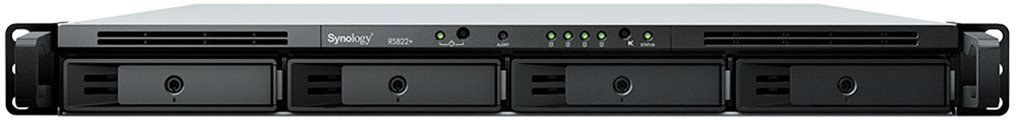 Synology RackStation RS822+, 1U, 4-bays, AMD Ryzen V1500B 4-core 2.2 GHz; 2 GB DDR4 ECC SODIMM, 1x free memory slot (up to 32GB upgradable); 4x RJ45 1GbE, 2x USB 3.1; PCIe Gen3 – Card/M2D20, 150W PS,
