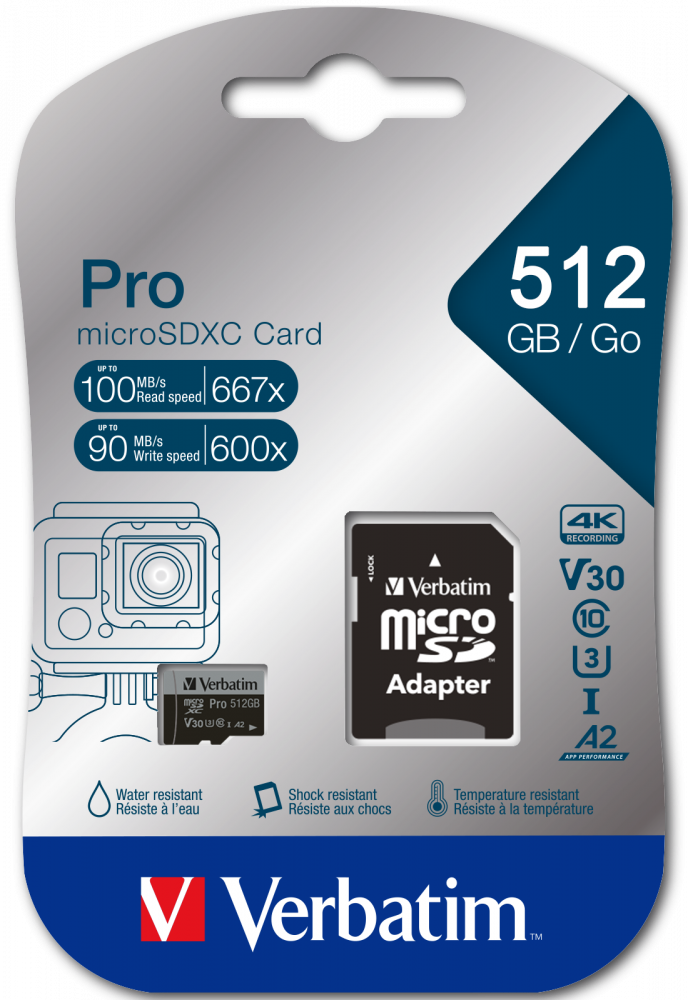 Verbatim memorijska kartica PRO Micro SDXC 512GB, U3, A2, V30, Class 10 Card + adapter