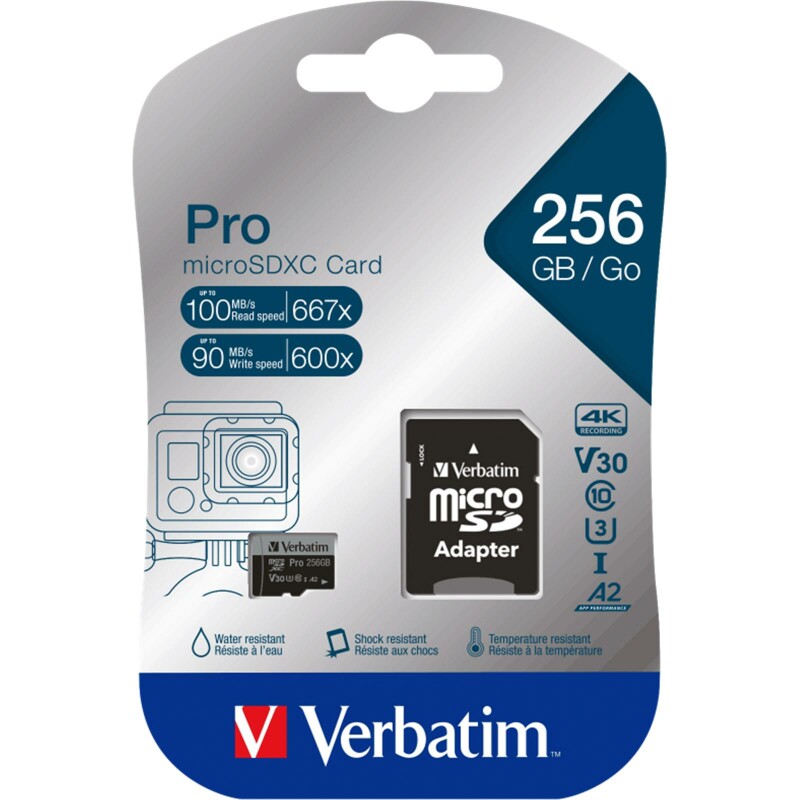 Verbatim memorijska kartica PRO Micro SDXC 256GB, U3, A2, V30, Class 10 Card + adapter