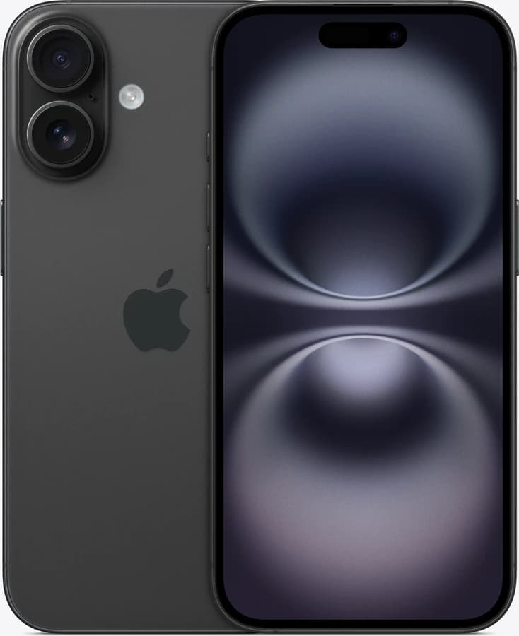 Apple iPhone 16 u crnoj boji, prednja i stražnja strana